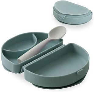 Miniware Fold & Scoop Baby Feeding Set - Silicone Travel Baby Plate With Suction & Baby Spoon - Compact, Portable, Dishwasher-Safe, Suction Base for Mess-Free Eating (Aquamarine and Aqua)