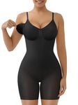 SHAPERX Body Shaper for Women Mid Thigh Shapewear Seamless Compression Bodysuit with Removable Pads, UK-SZ5468-Black-S/M