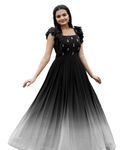 TILTON Women's Faux Georgette Regular Fit Sequins Work Digital Print Gown Gown (Small, Black)