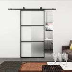 BARNSMITH 42in x 84in Frosted Glass Barn Door with 7FT Top Mounted Hardware kit Include Soft Close Mechanism Black Carbon Steel Tempered Frosted Glass Sliding Door, Assemble Required Easy Installation