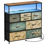 Tohomeor TV Stand with Power Oulet Dresser with Charging Station & LED Light Dresser with 8 Fabric Drawers for Living Room Storage Chest of Drawers Retro Dresser with Open Shelf Wooden Top