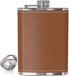 Hip Flask for Liquor 8 Oz with Funnel - Leak Proof Food Grade 18/8 Stainless Steel - Brown Leather Cover for Discrete Pocket Shot Drinking of Whiskey, Rum and Vodka | Ideal Gift for Men