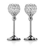 Artis Set of Two Silver Pillar Candle Holders with Crystal Detail for Tea Light/Votives, Perfect Centrepiece for Dinner Table, Weddings and Parties