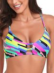 Colloyes Women's Neon Striped Strappy Bikini Top Lace Up Bathing Suit Top Triangle Swimsuit Top Size Medium