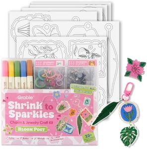 Grabie DIY Shrink Art Craft Kit Jewelry Making Kit for Kids Adults, 25+ Pre-Cut Shapes, 5 Dual-Tip Markers, Custom Charms, Pins, Rings, Keychains (Bloom Post - for Art Lovers)