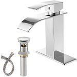 BWE Bathroom Faucet Modern Chrome Waterfall Single Hole Faucet for Bathroom Sink Single Handle with Pop Up Drain with Overflow Assembly and Supply Line Lavatory Bath Faucet Lead-Free