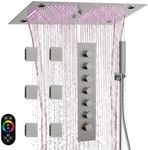 GRANDJOY Luxury LED Shower System, 28" x 16" Ceiling Mount Bluetooth Music Speaker 4 Function Shower Head with 6 Body Jets, Brushed Nickel