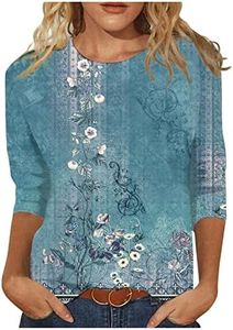 2025 Elbow Length Tee Shirts for Women Crewneck Vintage Floral Print 3/4 Length Sleeve Womens Tops 2025 Boho Fashion Casual Loose Plus Size Shirts