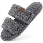 FamilyFairy Open Toe Slippers for Women Adjustable Memory Foam House Shoes Faux Fur Fuzzy Slide Sandals Non Slip Washable(7-8, Gray)