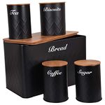 HOCHSTE Kitchen Storage Tins 5pcs Canister Set Bamboo Lid Bread Bin Tea Coffee Sugar Jar Round Jar Black Large (20.5cm High)