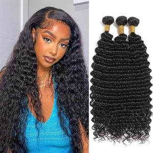 Deep Wave Human Hair Bundles 12 14 16 Inch Brazilian Virgin Curly Hair Extensions for Women 100% Unprocessed Bundles Human Hair Cheveux Humain Naturel Black 10A
