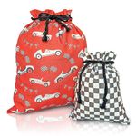 Gather & Knot Drawstring Gift Bags | 20" Large 12" Small | Premium Canvas | Reusable Fabric Wrap for Boys Birthday, Kids Bday | Cars Party Theme Decor | Race Car