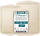 BAKKEN Cookie Sheets for Baking Nonstick Set - 3-Piece Stackable Carbon Steel Baking Sheet Pans Set with Silicone Handles, Non Toxic Cookie Sheets for Baking Bakeware Set - White Marble