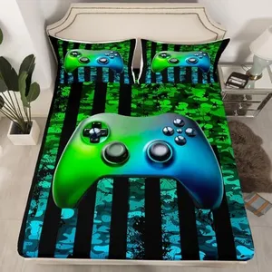 Gaming Bed Sheet Queen Size for Boys Kids Game Room Decor United States Bedding Set Video Game Gamer Fitted Sheet Camouflage Stripes Teens Bedroom Decor Gamepad Bedding Set with 2 Pillow Cases