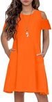 Arshiner Girls Casual Summer Cold Shoulder A Line Swing T Shirt Sundress with Pockets Orange 8-9 Years