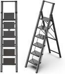 GameGem Step Ladder 6 Step Folding, Aluminum Ladders for High Ceilings, Tall Closet, Cabinet, 6 ft Lightweight Step Ladder with Anti-Slip Foot for Home Use, 330Lbs Load, Black