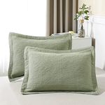 WINLIFE 100% Cotton Quilted Pillow Sham Floral Printed Pillow Cover King Size,Set of 2, Green