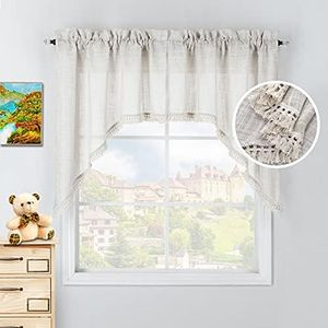 Beda Home Tassel Linen Textured Swag Valances for Farmhouses’ Kitchen; Light Filtering Rustic Short Swag Topper for Small Windows Bedroom Privacy Added Rod Pocket Design, Nature, 36 x36 inch, 1 Pair