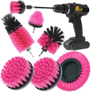 ETOUPA 8 Pcs Drill Brush Attachment Set, Power Cleaning Scrub Brush Kit with Extend Long Attachment, All Purpose Drill Scrub Brushes for Car, Grout, Floor, Tub, Bathroom and Kitchen (Pink)