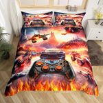 Manfei Gamepad Gamer Reversible Bedding Set King Size,Video Games Flame Building Duvet Cover for Teens Boys,Modern Fighter Plane Car Fighting Gaming Scene Comforter Cover(No Filler) 3 Pcs