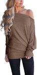 Lacozy Women's Off The Shoulder Oversized Shirts Long Sleeve Tunic Tops Casual Loose Pullover Sweatshirt Coffee XXL