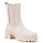 TINSTREE Women's Lug Sole Platform Boots Mid Calf Elastic Chunky Block Heel Leather Chelsea Booties, White, 5
