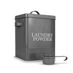 Laundry Powder Tin with Scoop | Grey Dishwasher Detergent Container | Cleaning & Washing Supplies | Coated Steel Box with Lid | Carry Handles | M&W