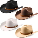 Breathffy 4 Pcs Cowboy Hat Felt Wide Brim Cowgirl Hats with Belt Classic Outdoor Western Hats for Women Men Adults (Black,Coffee,Beige,Khaki)