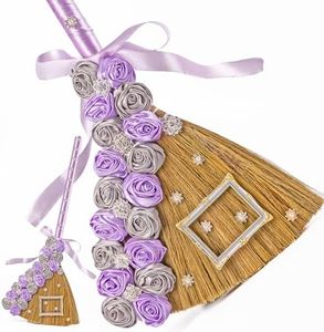 SAMSUSU Personalized Wedding Broom for Jumping Ceremony, Elegant DIY Decorative Broom with Crystals, Brooch & Signature Photo Frame, Pink-Silver Velvet Roses for Wedding & Ritual Display