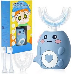 Kids' U-shaped electric toothbrush, 4 brush heads, 360° sonic automatic toothbrush, 3 cleaning modes, IPX7 waterproof cartoon dinosaur design (ages 2-12). (Blue)