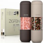 ZIGFEIN Manual Salt and Pepper Grinder Set - Stainless Steel, Ceramic, Glass Adjustable Shakers in Light-Brown/Brown, 2-Pack - Refillable Pepper Grinder & Salt Grinder with Award Winning Design