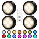 Onumii Puck Lights with Remote & Timer, Under Cabinet Kitchen Lights Battery Operated LED Cupboard Lights, Stick on Shelf Lights Wireless Counter Lights, RGB Coloured Dispaly Lights, 4 Pack - Black