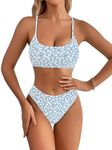 SweatyRocks Women's 2 Piece Bikini Set Ditsy Floral Print High Cut Bathing Suit Beachwear Blue Small