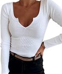 CHICZONE Women Shirt Long Sleeve Tunic Tops Ladies V Neck Tight Ribbed Knit Henley Shirts Fall Fitted Solid Basic Cute T Shirts Sweater White Medium