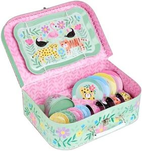 Jewelkeeper 15 Piece Kids Pretend Toy Tin Tea Set & Carrying Case - Safari Design