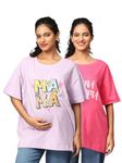 The Mom Store Mom T-Shirt | Cotton | Pre and Post Pregnancy | Quirky Statements | Comfortable | Oversized | Pack of 2 | Lavender & Fuchsia | 2XL