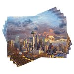 Lunarable USA Place Mats Set of 4, Seattle Skyline at Sunset WA United States Beams Through Dramatic Cloudscape Scenery, Washable Fabric Placemats for Dining Table, Standard Size, Grey Blue