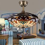 SHENGXUAN Retro Ceiling Fan Light,Tiffany-Style Ceiling Lamp Living Room Dining Room Fan Chandelier Mediterranean Retractable Bedroom Fan Light Vintage Ceiling Fan Bronze 36inch/91cm