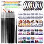 Nail Art Brush, 3D Nail Art Decorations Kit with Nail Pen Designer Dotting Tools Colors Holographic Butterfly Nail Glitter Foil Flakes Nail Tape Strips and Multi-Color Nails Rhinestones (A)