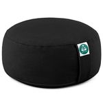 Present Mind Round Zafu Yoga Cushion (Height 16 cm) - Colour: Deep Black - High Yoga Cushion/Meditation Cushion - Made in the EU - Washable Cover - 100% Natural Floor Cushion - Meditation Gifts