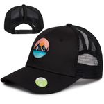 Women's Eco-Friendly Ponytail Hat Messy Bun Baseball Trucker Cap (Black Patch)