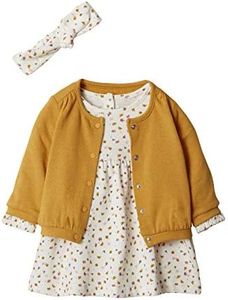 Vertbaudet Ensemble bébé fille : robe, cardigan et bandeau Oeko-Tex, Jaune moutarde + blanc à fleurs, 86
