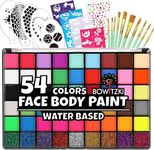 Bowitzki Face Paint Kit with 50 Colors, 8 sheets Stencils, 2 Glitters,10 Brushes, 1 Sheet Gems, Water Based Face Painting Kit, Safe Professional Halloween Party Makeup Set