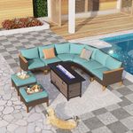 PHI VILLA 9-Piece Outdoor Wicker Furniture Set with 56" Gas Fire Pit Table Half-Moon Curved Patio Conversation Waterproof Rattan Sofa with Ottoman, Blue