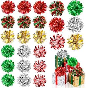 YIBOBO 24Pcs Christmas Tinsel Bows for Gift Wrapping, 4 Inch Self Adhesive Gift Wrap Bows for Xmas Birthday Wedding Party Presents Decorations Holiday Gift Accessory (Mixed Style)