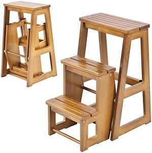 GIANTEX Escalera Silla Madera, Taburete Plegable Multifuncional, Taburetes de Tres Peldaños, 57 x 38 x 65 cm (Marrón Claro)