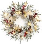 24" Prelit Christmas Wreath with Lights, Battery Operated Xmas Garland with Decorations, Snowflake Pinecone Ornaments Wreath for Front Door Porch Wall Window Fireplace Outdoor Home Holiday Accent