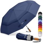 Royal Walk Windproof Folding Travel Umbrella Compact and Strong Luxurious Real Wood Handle Automatic Open Close Vented Double Canopy for Men and Women (Dark Blue)