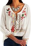 Women Embroidery Boho Shirt 3/4 Sleeve Mexican Bohemian Tops Tunic Blouse (049-White, 2XL)