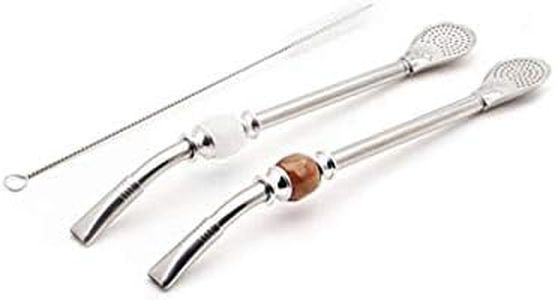 BALIBETOV [NEW] Set of 2 Premium big Yerba Mate stainless steel straws - Bombillas for mate gourd drinking, with removable head filter - Cleaning Brush Included - 8.5'' long (22 cm) WHITE-BROWN